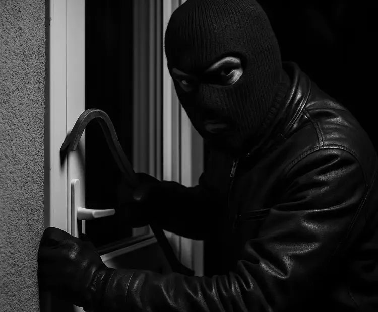 Stereotypical image of a burglar breaking in to a property.