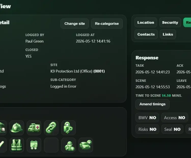 Image displaying an incident log on the K9 Protection GMS