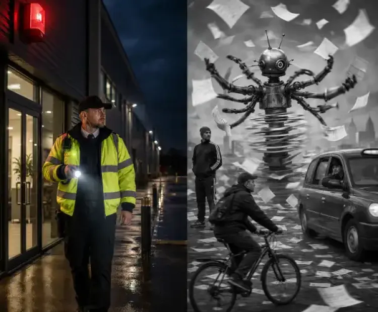 AI image depicting a dedicated security officer in one half of the image and a dispatch robot in the other, throwing jobs at anyone that'll take them. 