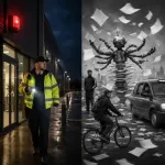 AI image depicting a dedicated security officer in one half of the image and a dispatch robot in the other, throwing jobs at anyone that'll take them. 